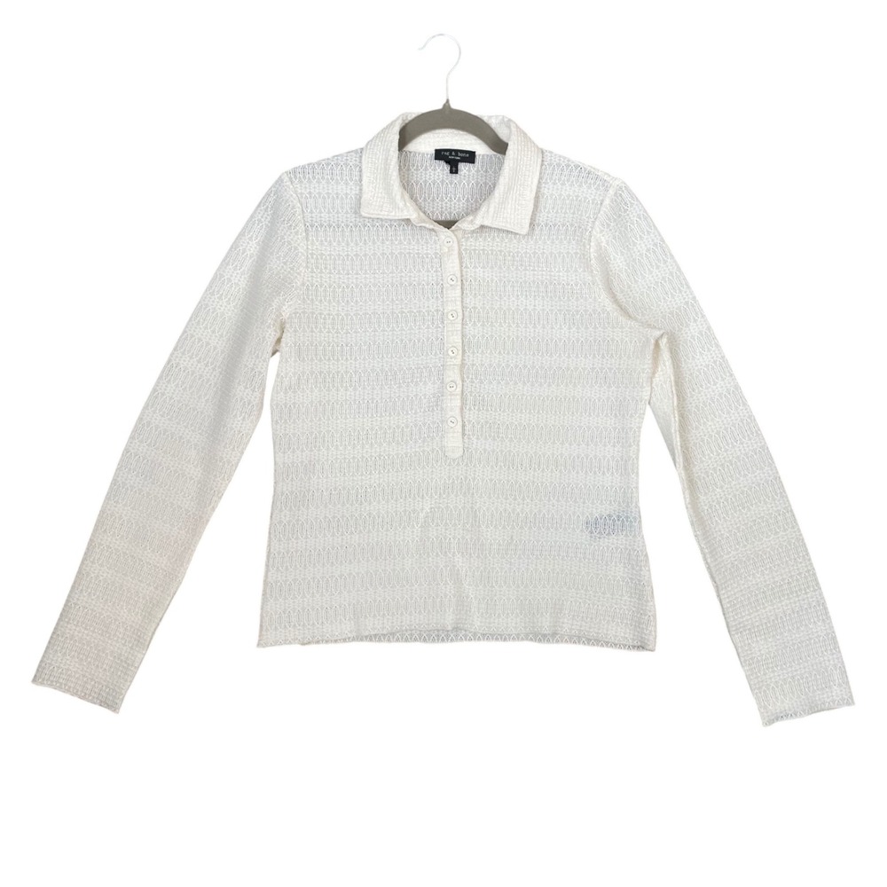 Rag & Bone Ivory Textured Pointelle Knit Long Sleeve Polo‎ Shirt Womens Large